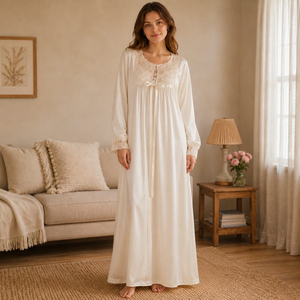 Miss Elaine VTG 2 Piece Ivory Gown & Robe Set Size Large Beige Lace Romantic